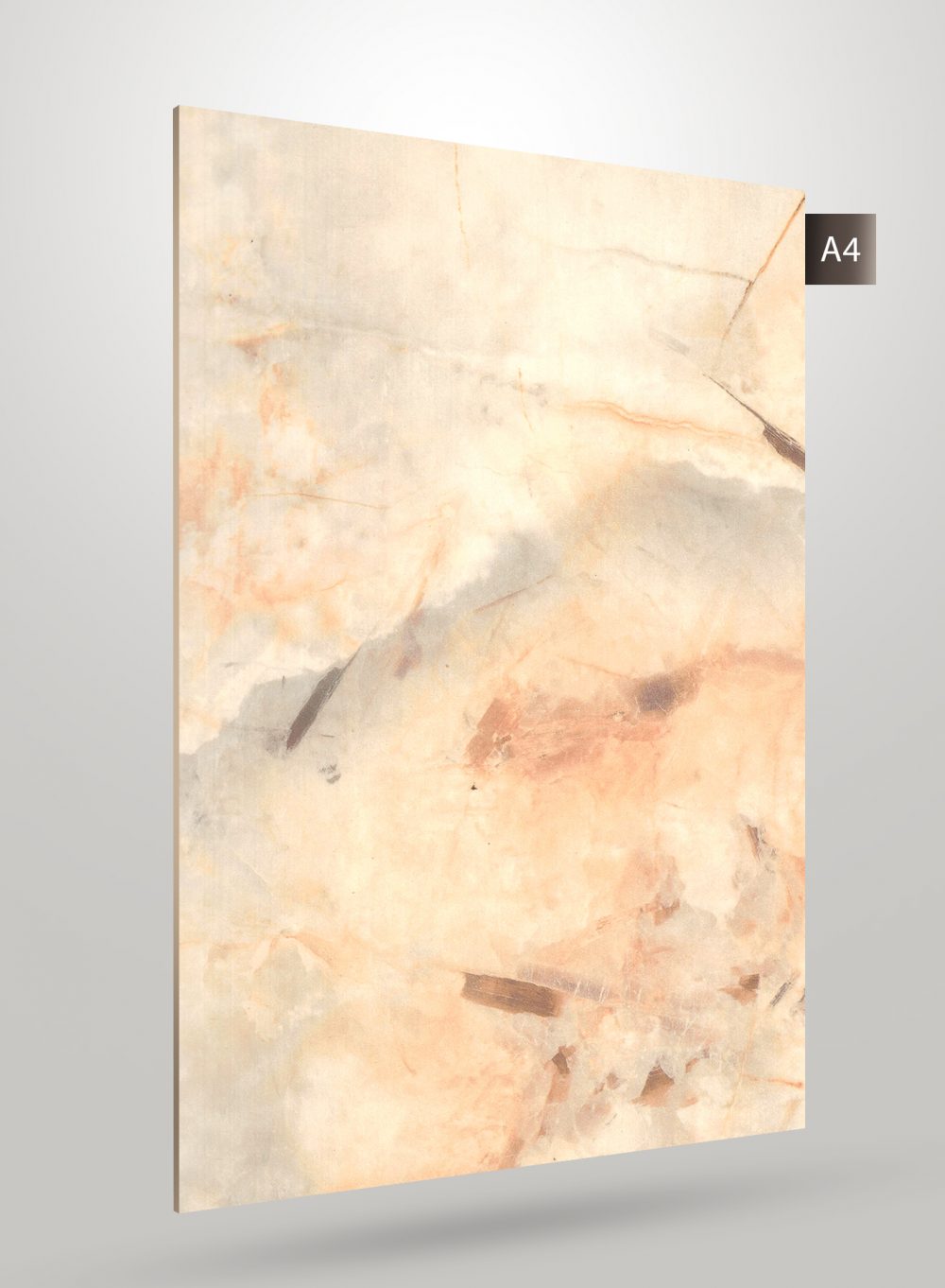 Beige marble laminate with high gloss finish and veining pattern, showing subtle texture and reflective sheen.