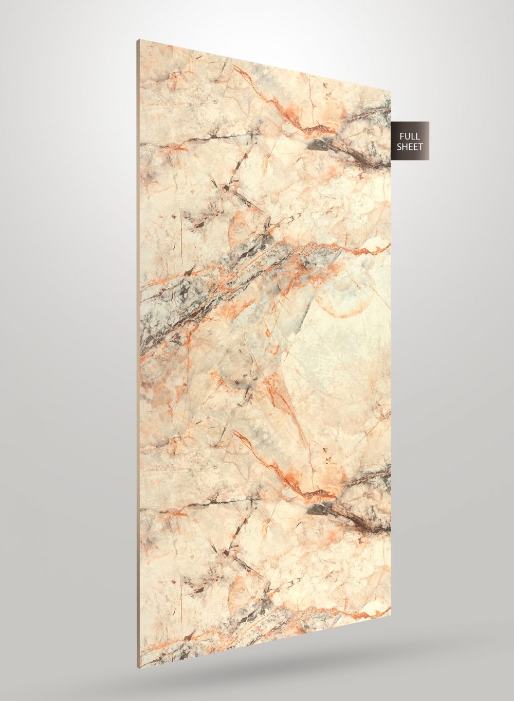 Beige marble laminate sheet with orange and grey veining, glossy finish, labeled full sheet on grey background.