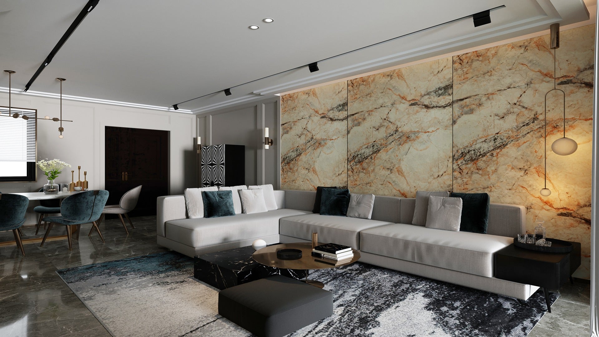 Beige marble laminate wall with orange and black veining in modern living room with gray sofa and dark decor accents