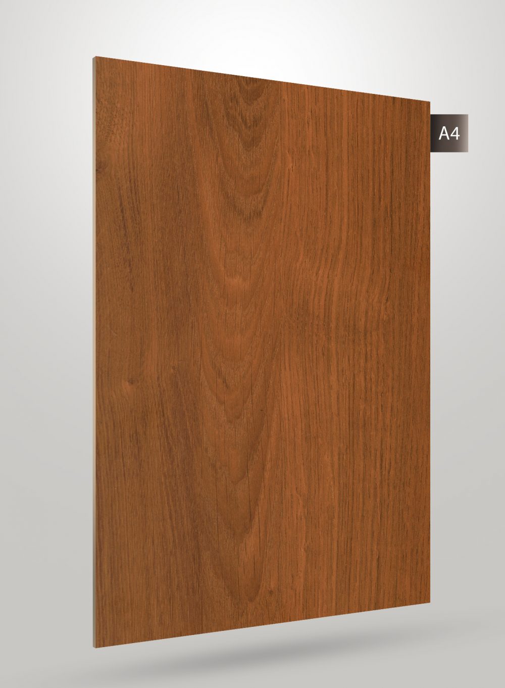 Brown wood grain decorative laminate with matte finish and visible wood texture and grain pattern on a square sample