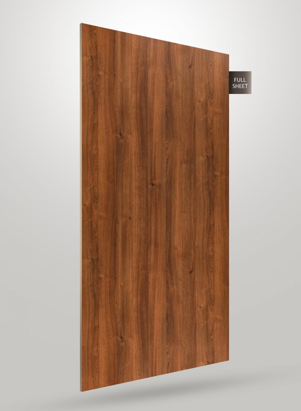 Brown wood grain decorative laminate sheet with matte finish and visible wood texture and grain pattern.