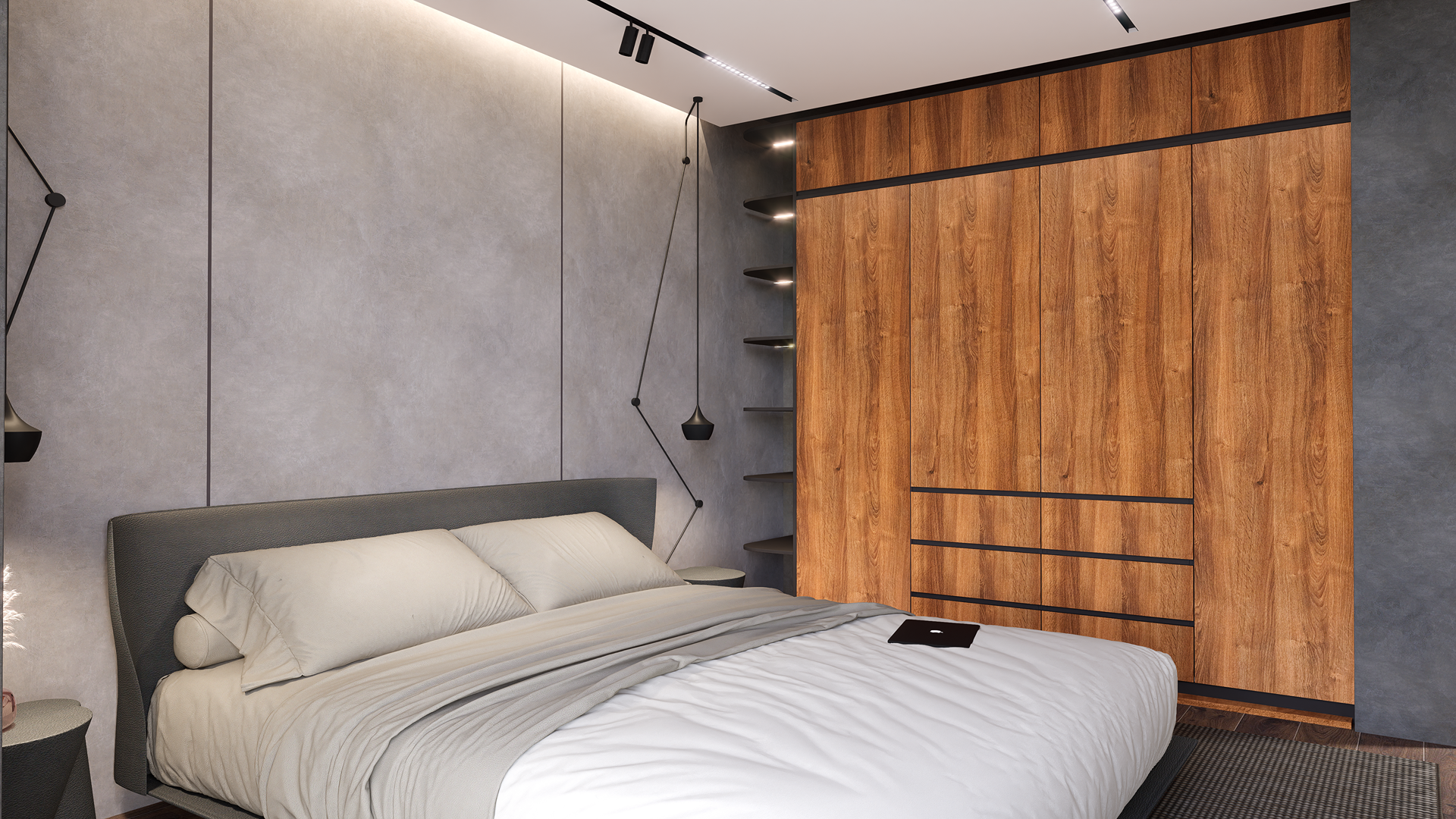 Brown wood laminate wall with wood grain texture and matte finish in a modern bedroom setting with minimalist decor.