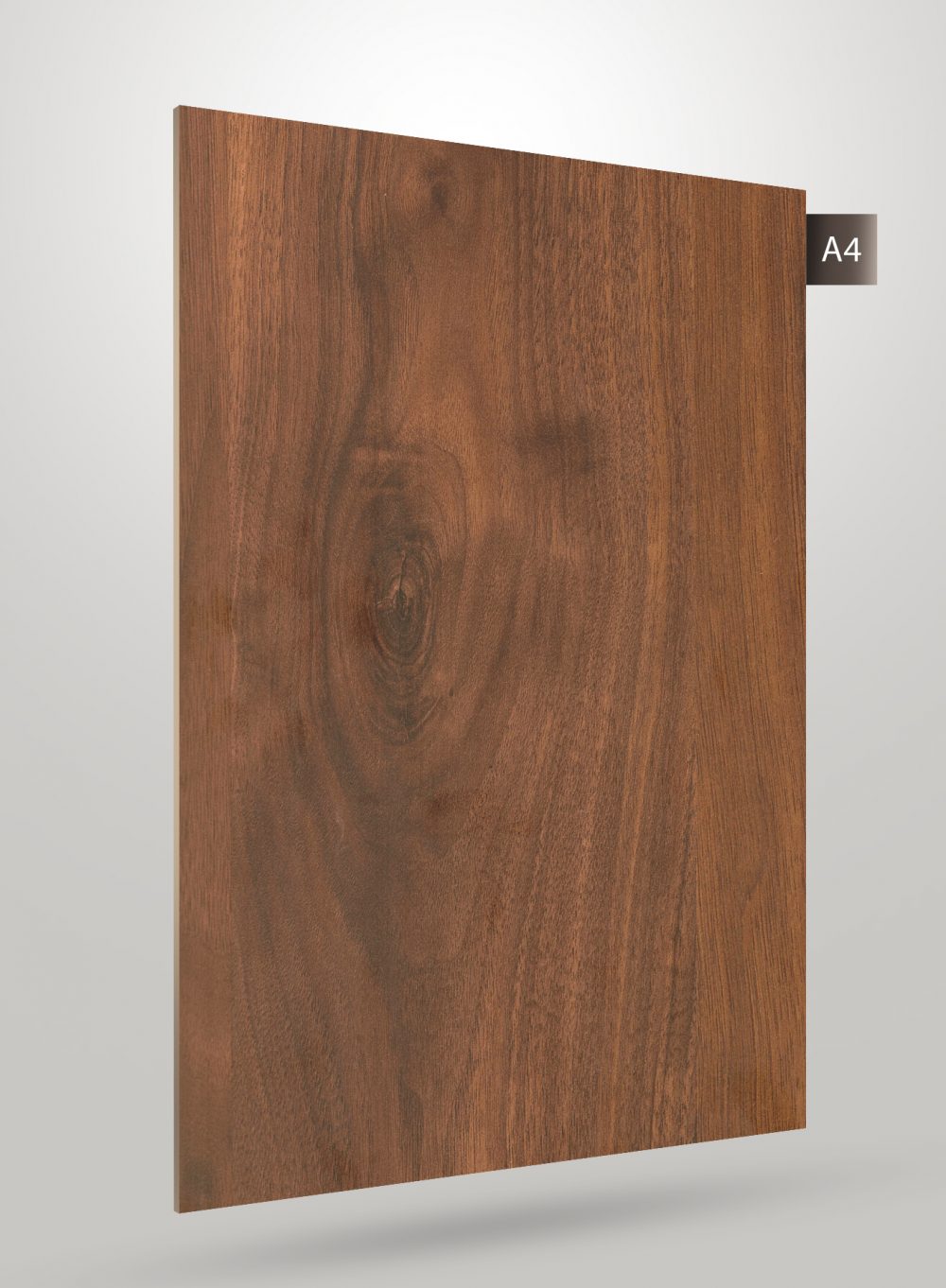 Brown wood grain decorative laminate with matte finish and visible wood texture and knots.