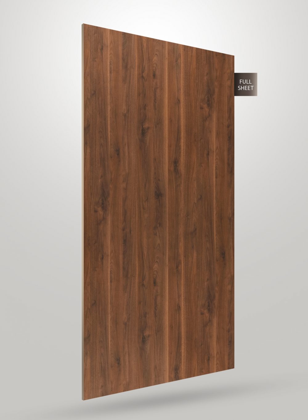 Brown wood grain decorative laminate with matte finish and vertical wood pattern on full sheet