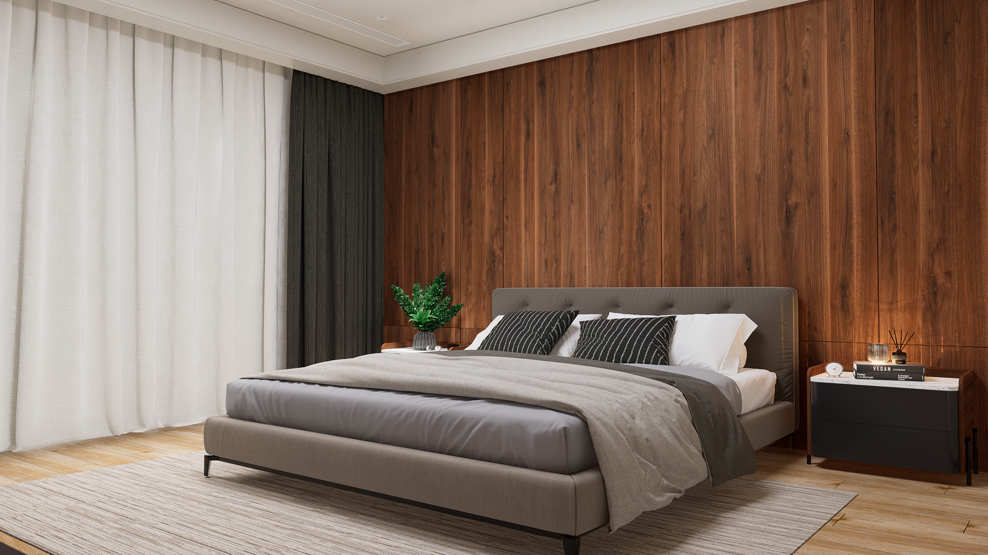 Brown wood laminate wall with matte finish and wood grain texture in a modern bedroom setting with bed and nightstands.
