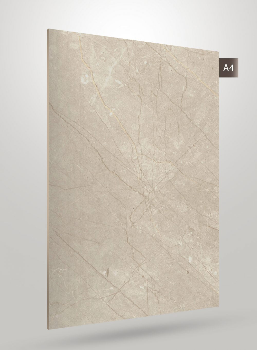 Beige marble laminate with matte finish and veining pattern, showing a stone-like texture and subtle color variations.