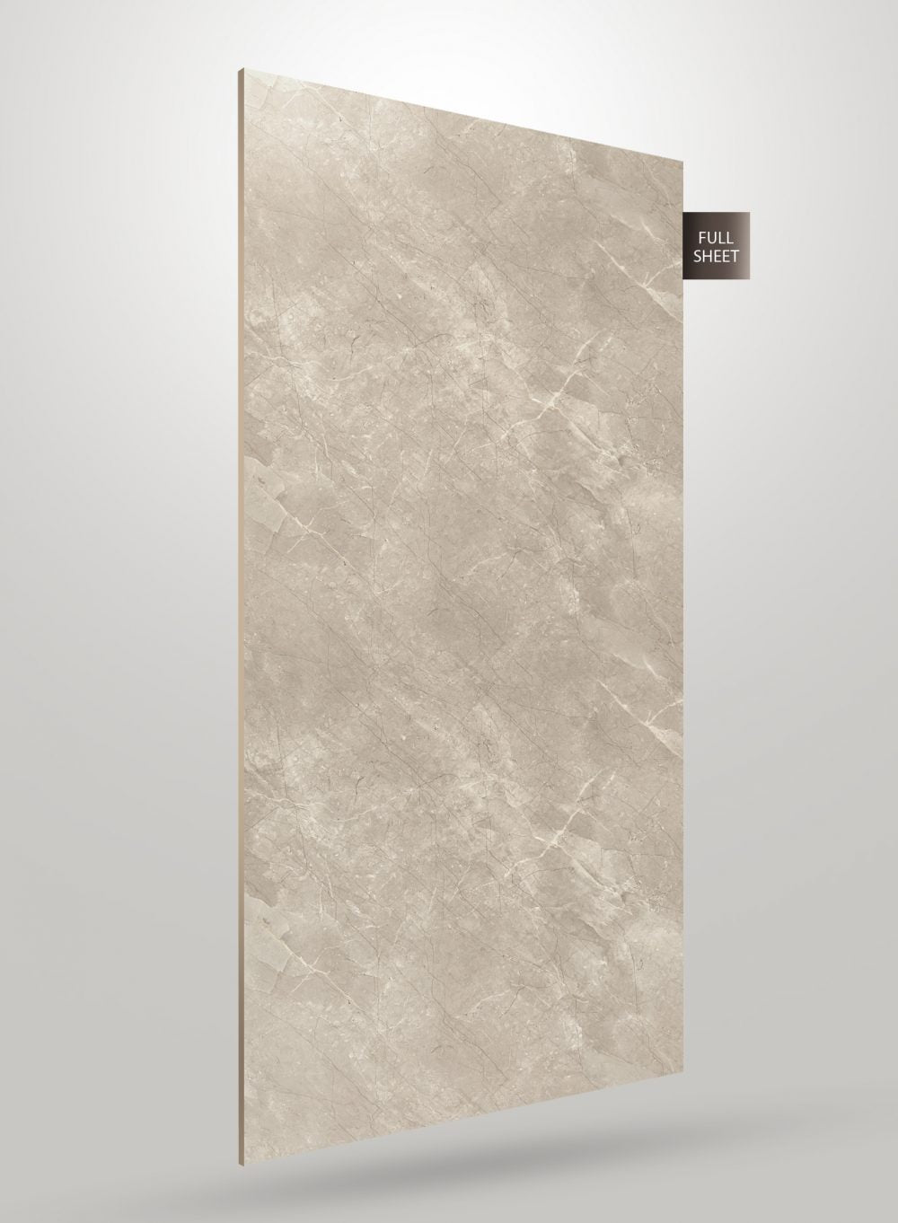 Beige marble laminate sheet with textured finish and veining pattern, shown as full sheet with visible thickness.