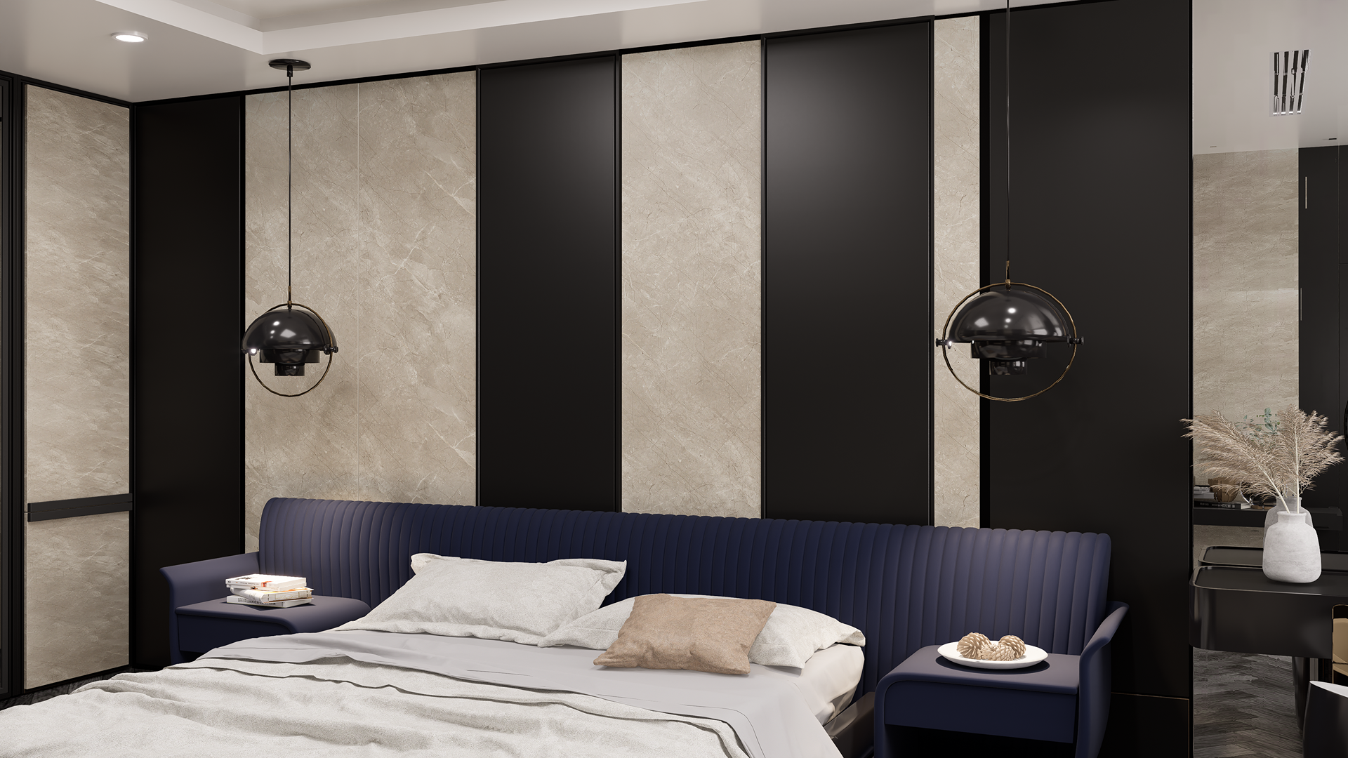 Beige marble laminate wall panels with matte finish in a modern bedroom setting with dark accents and decor.