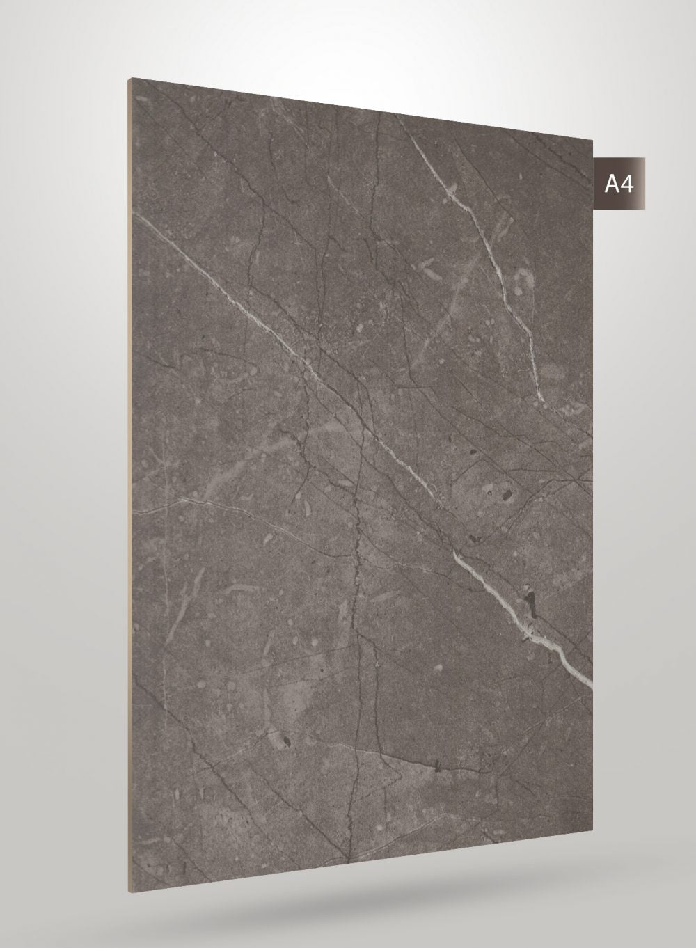 Grey marble laminate with matte finish and veining pattern, displayed on a white background with code label A4.
