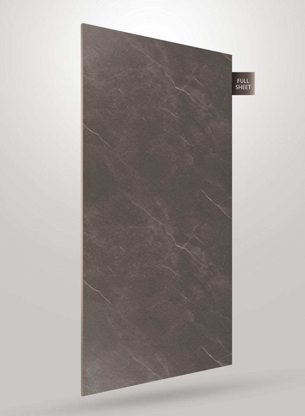 Grey marble laminate sheet with white veining and matte finish, displayed at an angle with full sheet label.