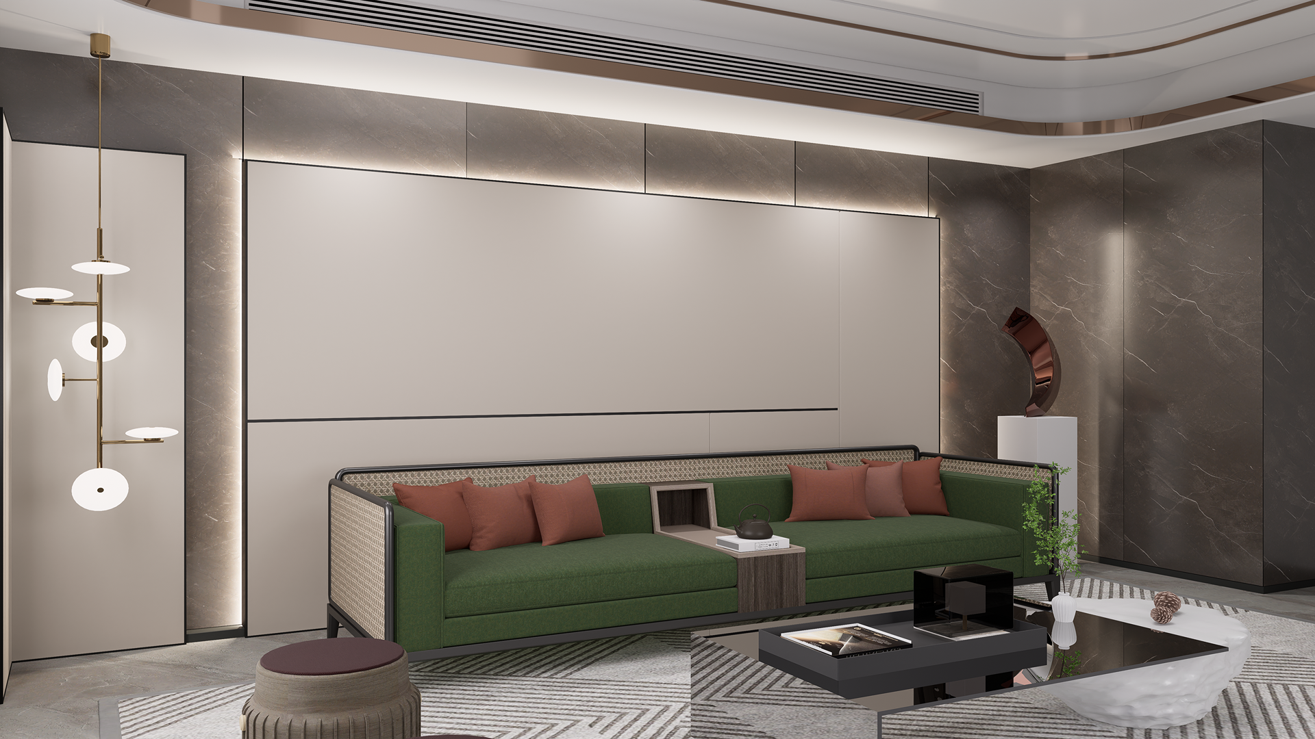 Grey marble laminate wall with white veining in modern living room with green sofa and minimalist decor.