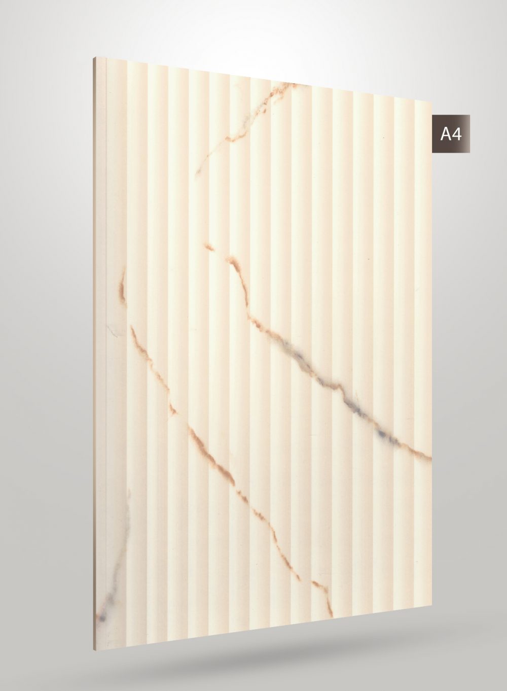 Beige marble laminate wall panel with matte finish and vertical striations, featuring brown veining pattern on a cream
