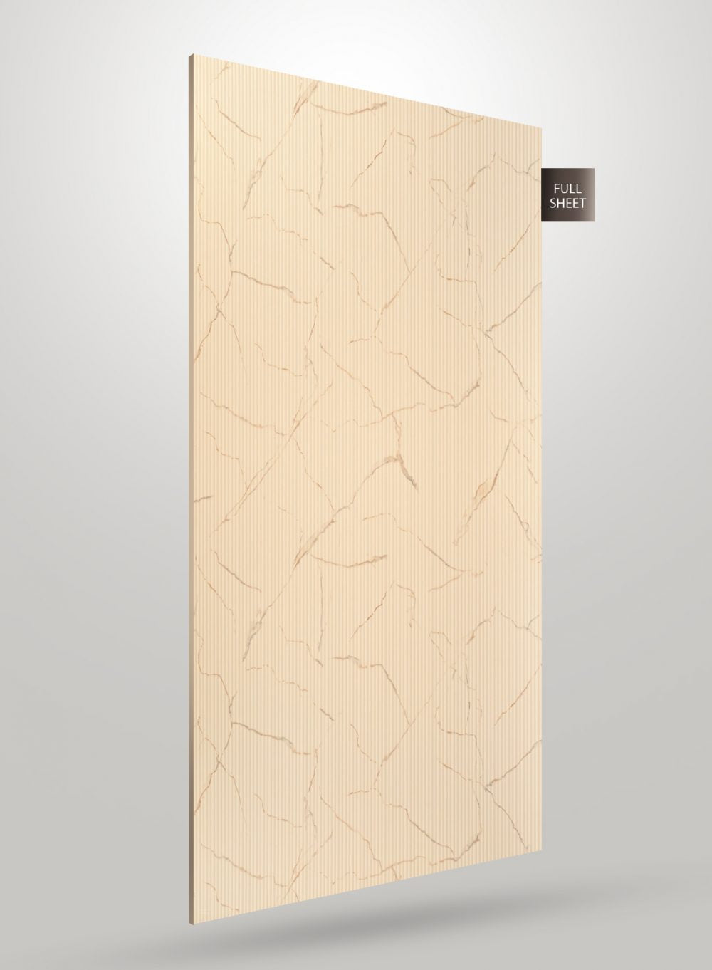 Beige marble laminate wall panel with matte finish and cracked pattern texture displayed as full sheet
