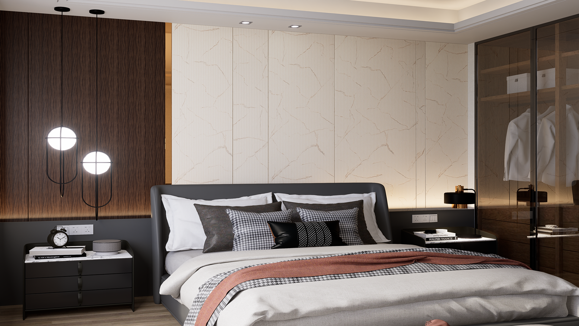 Beige marble laminate wall panel with matte finish and veining pattern in a modern bedroom setting with dark accents