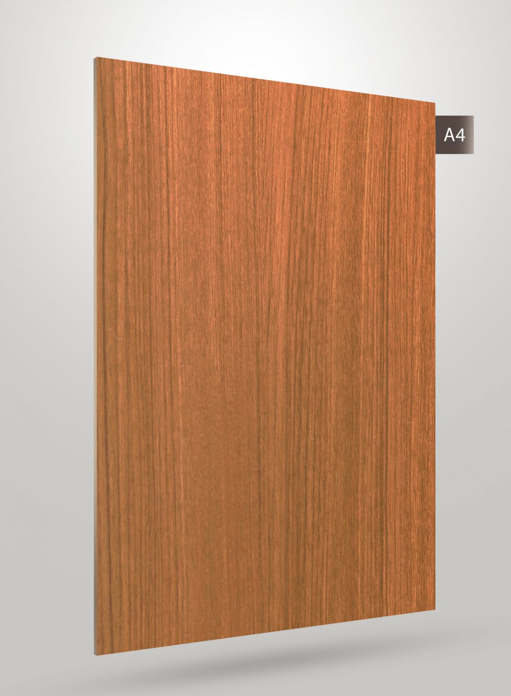 Brown wood laminate with matte finish and wood grain texture, decorative laminate sheet with vertical grain pattern.