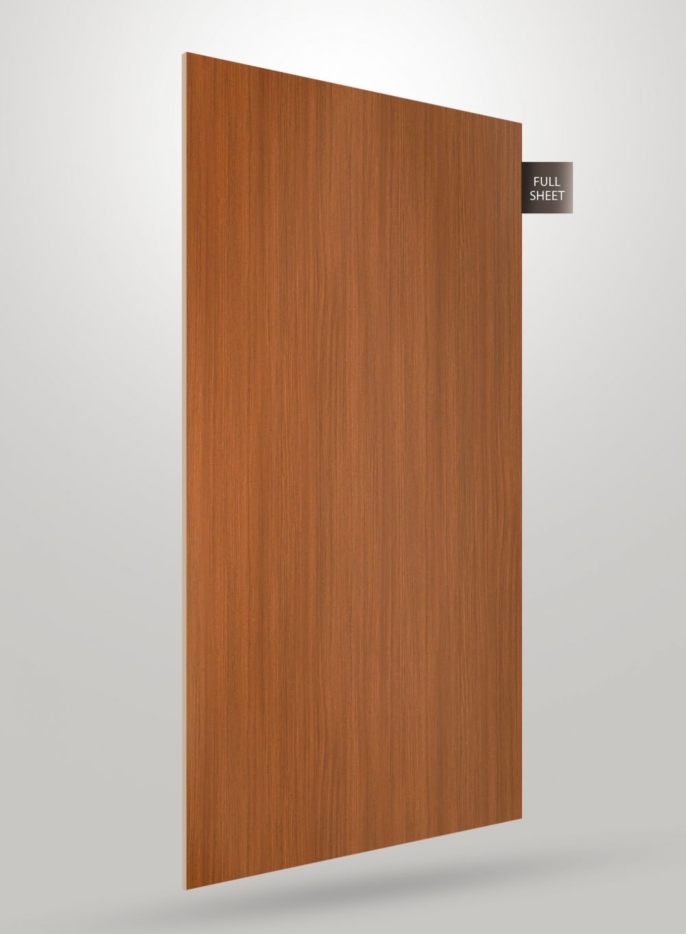 Brown wood grain decorative laminate sheet with vertical grain pattern and matte finish displayed on a gray background.