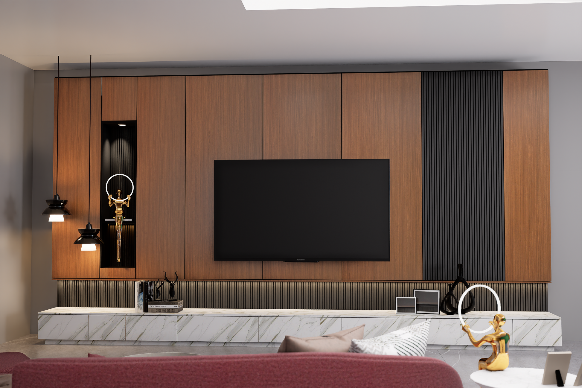 Brown wood grain laminate wall panels with matte finish in a modern living room setting with decorative elements