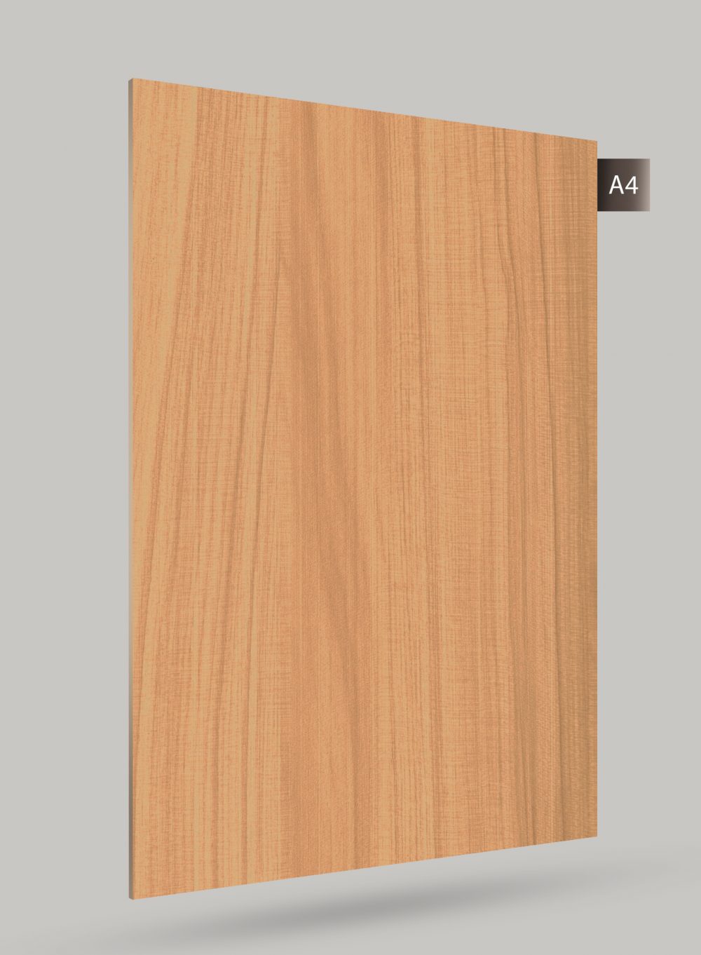 Beige wood grain decorative laminate with matte finish and visible wood texture and grain pattern on rectangular sheet.