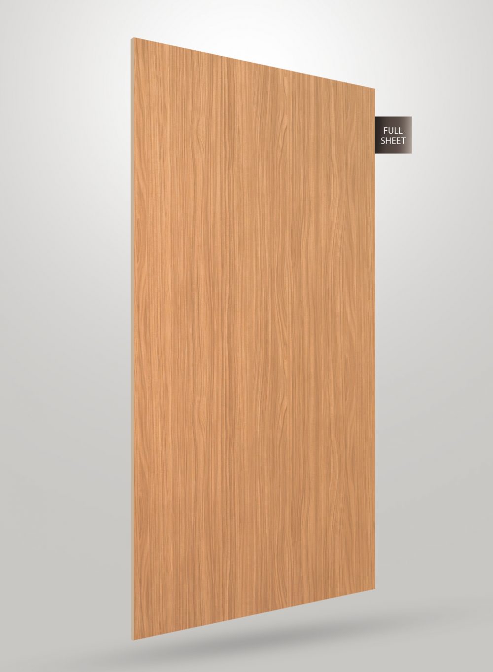 Beige wood grain decorative laminate sheet with matte finish and vertical wood pattern texture displayed on grey background
