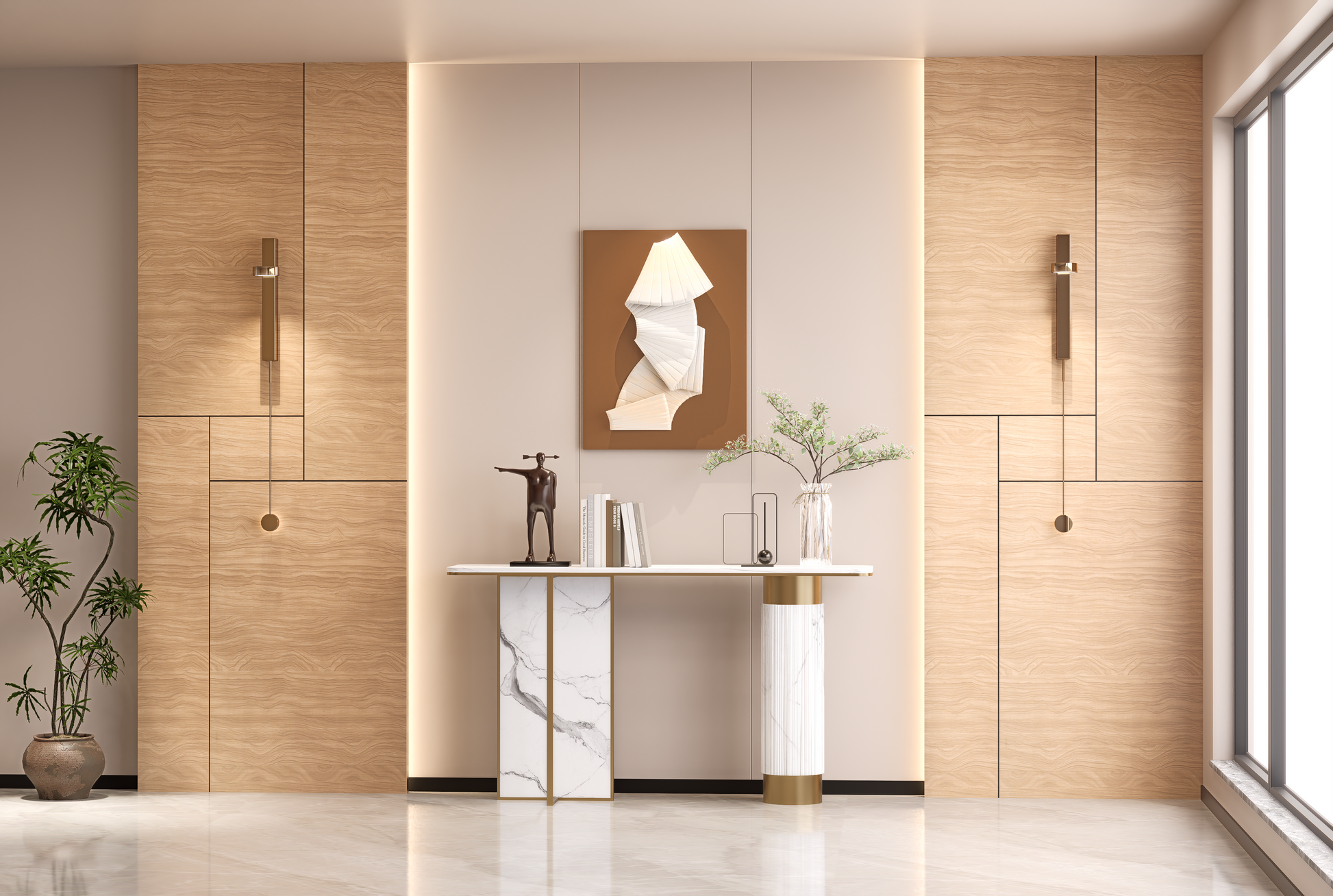 Beige wood grain laminate wall panels with matte finish in a modern room setting with decorative elements and furniture.