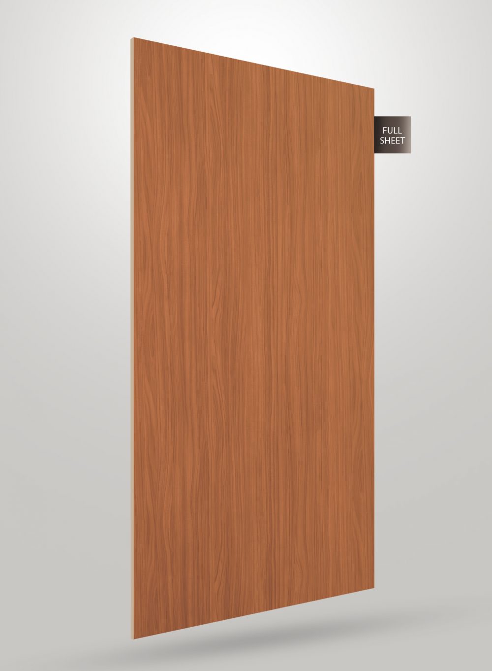 Brown wood grain laminate sheet with matte finish and vertical wood pattern displayed on a gray background.