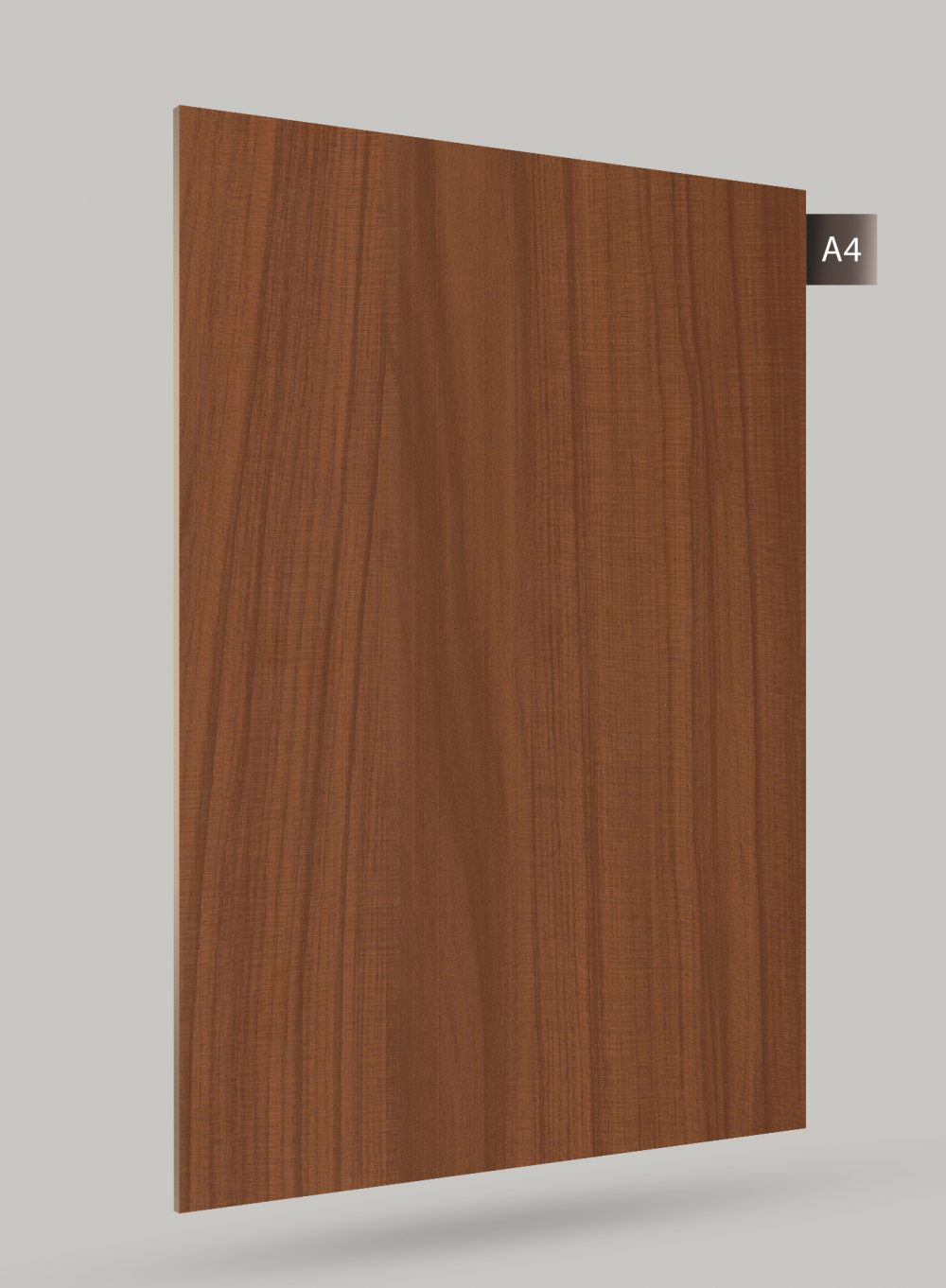Brown wood grain decorative laminate with matte finish and vertical wood pattern texture.