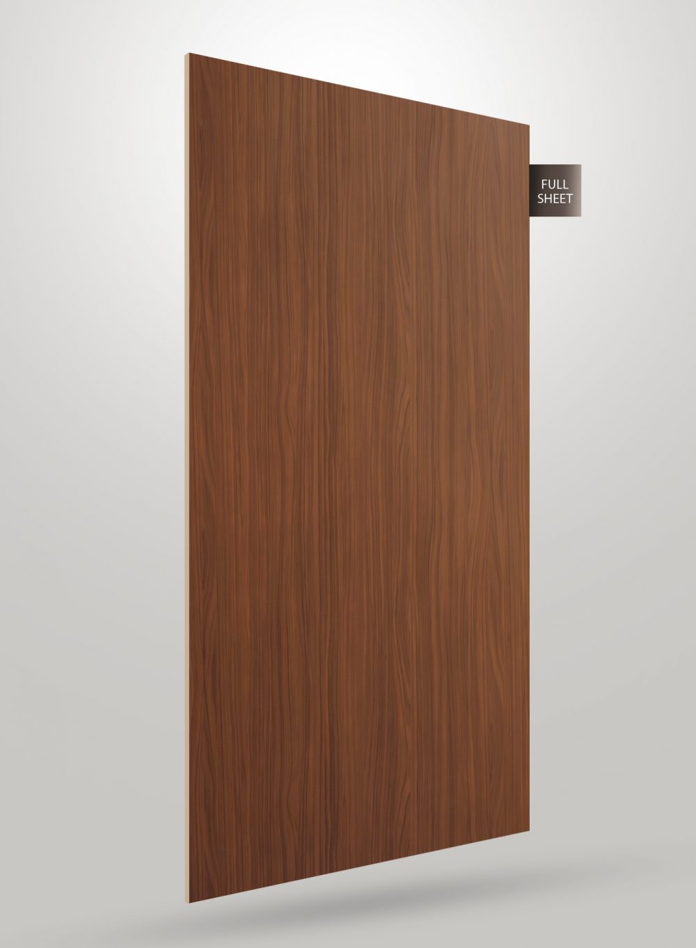 Brown wood grain decorative laminate sheet with vertical grain pattern and matte finish, labeled full sheet.