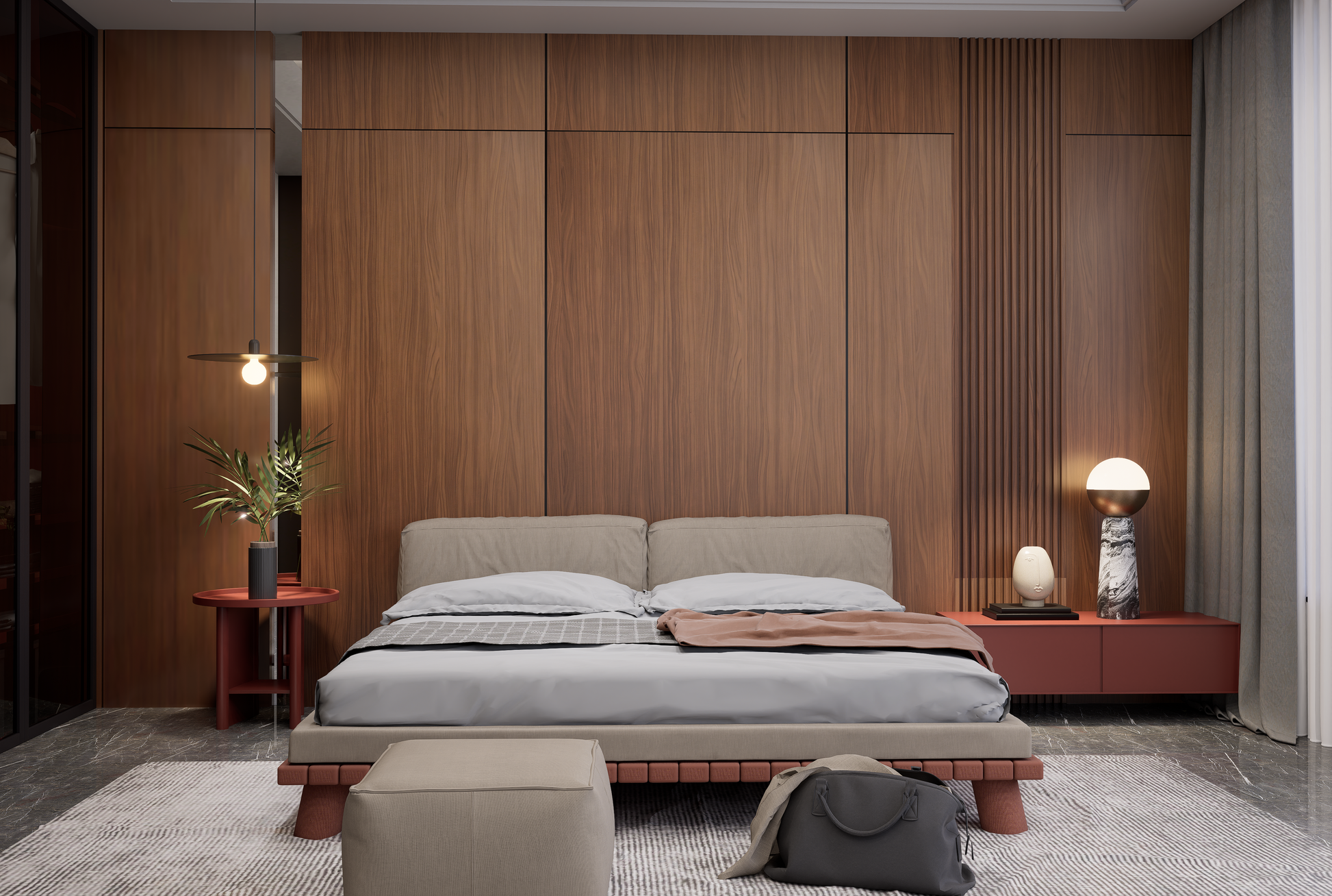 Brown wood grain laminate wall panels with matte finish in a modern bedroom setting with furniture and decor
