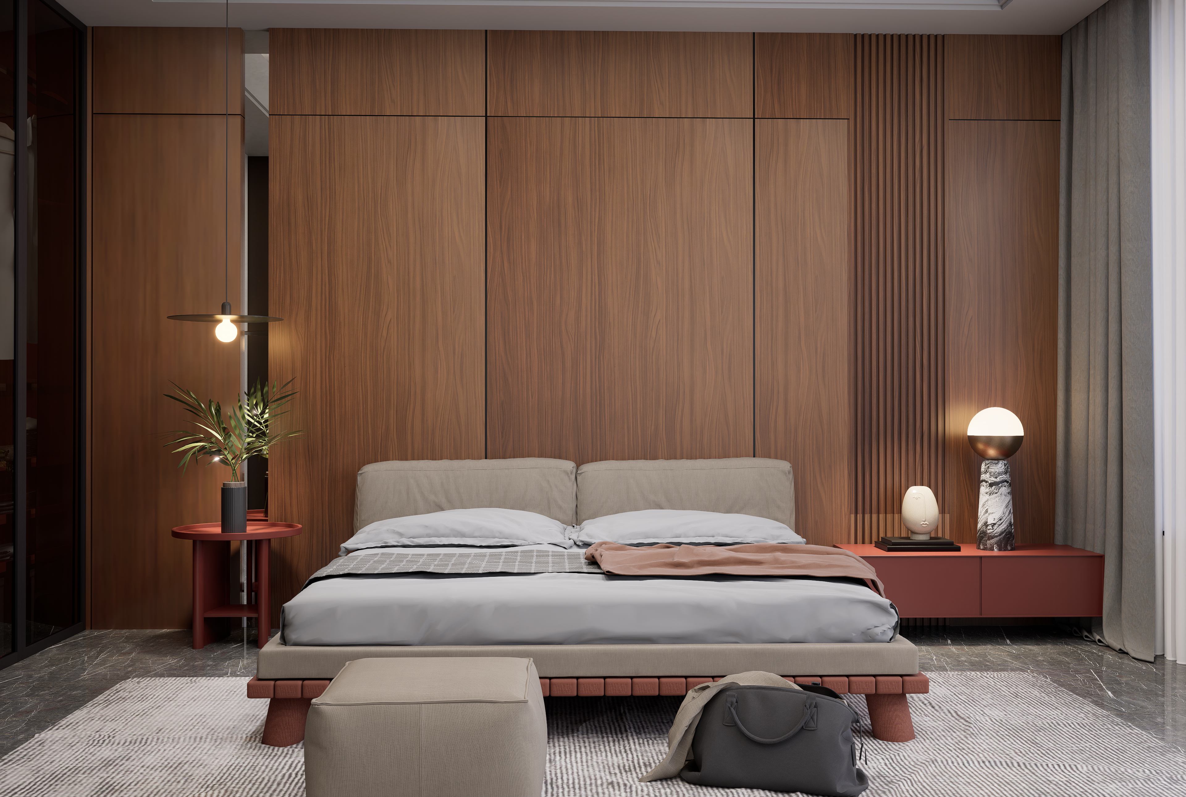 Brown wood grain laminate wall panels with matte finish in a modern bedroom setting with furniture and decor