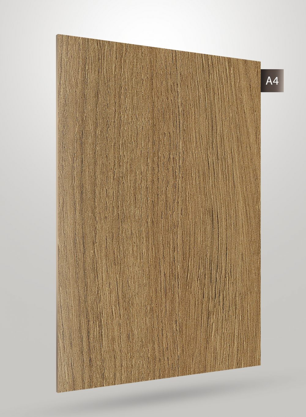 Brown wood grain decorative laminate with matte finish and vertical wood pattern texture on a square sample sheet