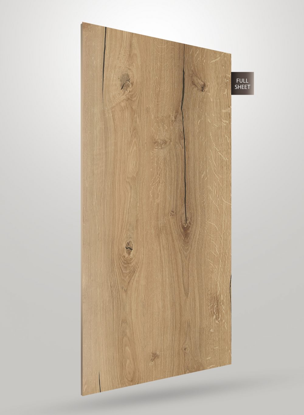 Brown wood grain decorative laminate with knots and matte finish, shown as a full sheet with visible texture and grain