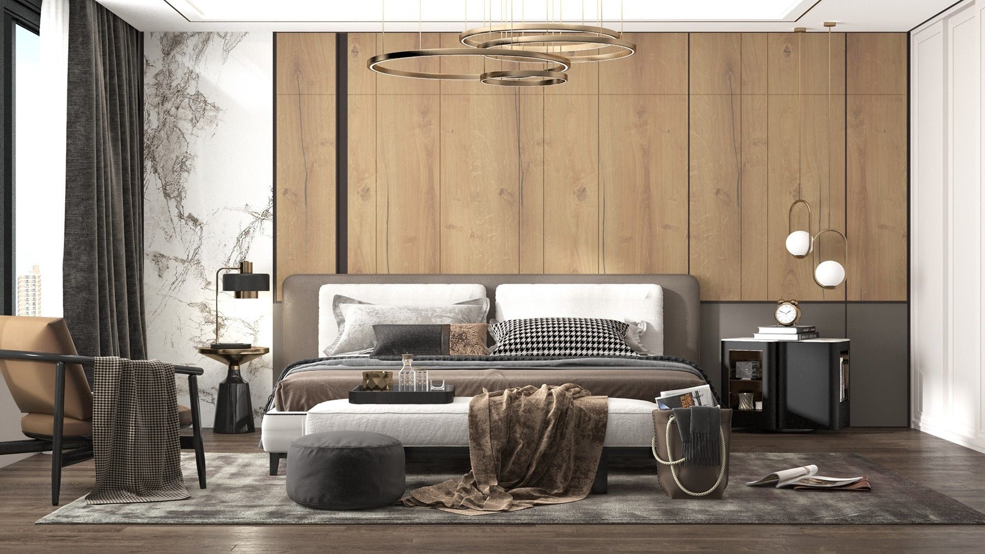 Brown wood laminate wall panels with matte finish in modern bedroom interior with furniture and decorative elements.
