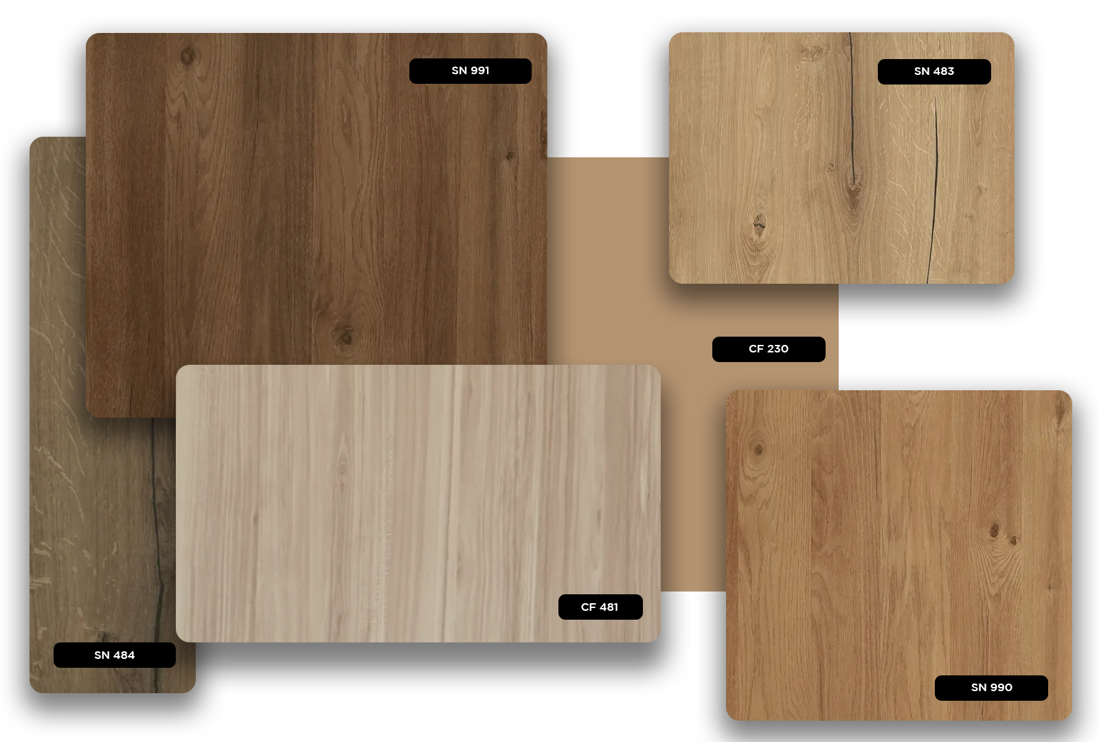 Brown wood grain laminate with matte finish and visible texture, showcasing various shades and patterns in a collage.