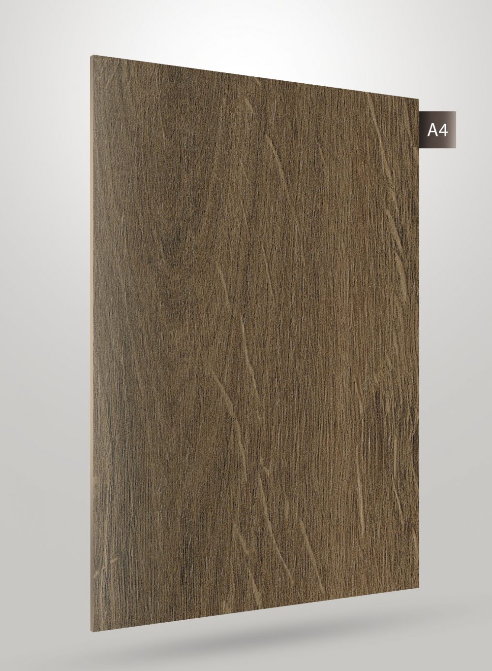 Brown wood laminate with matte finish and wood grain texture, decorative laminate sample with code label A4 on edge.