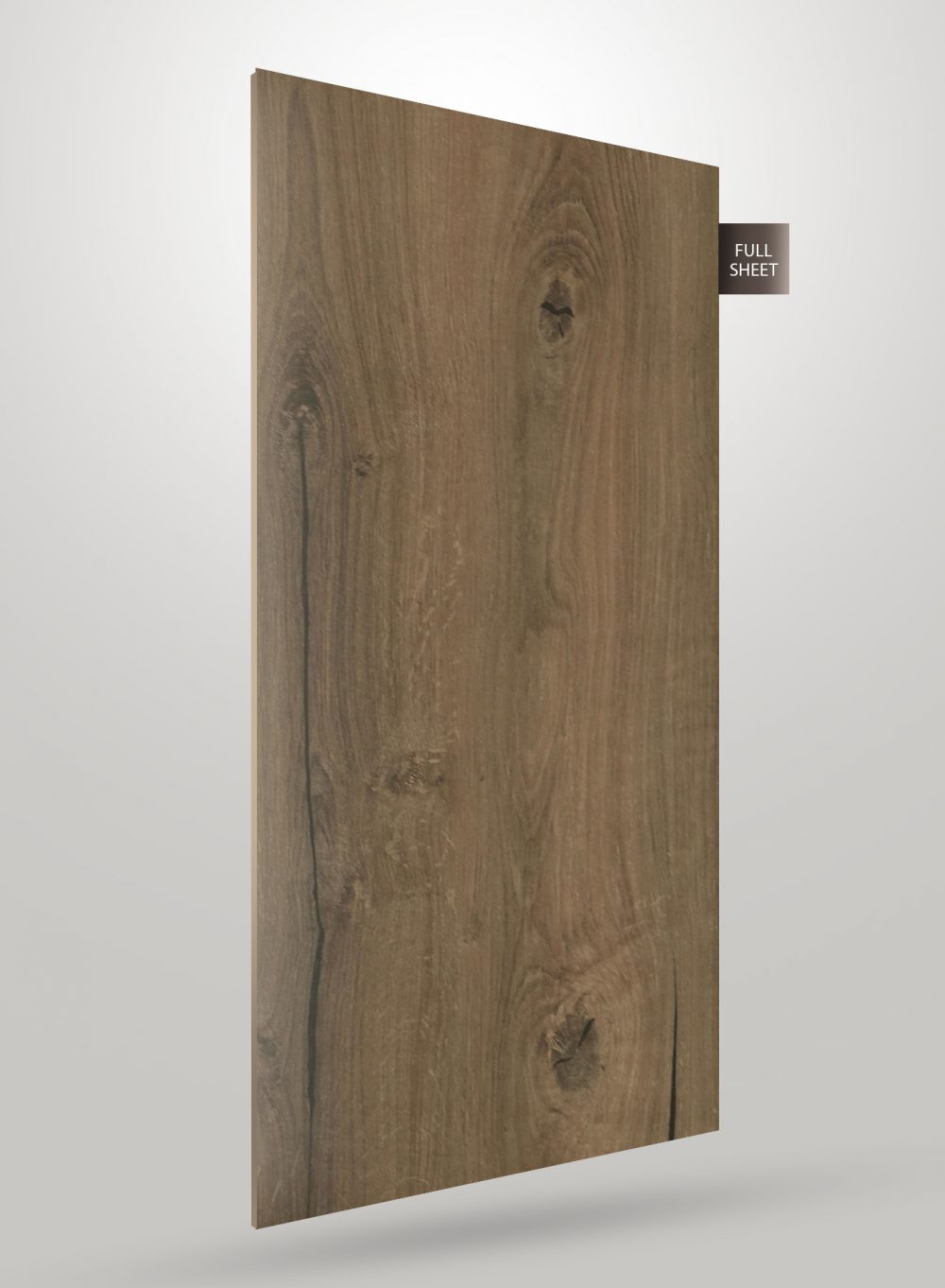 Brown wood grain decorative laminate with knots and matte finish, shown as a full sheet.