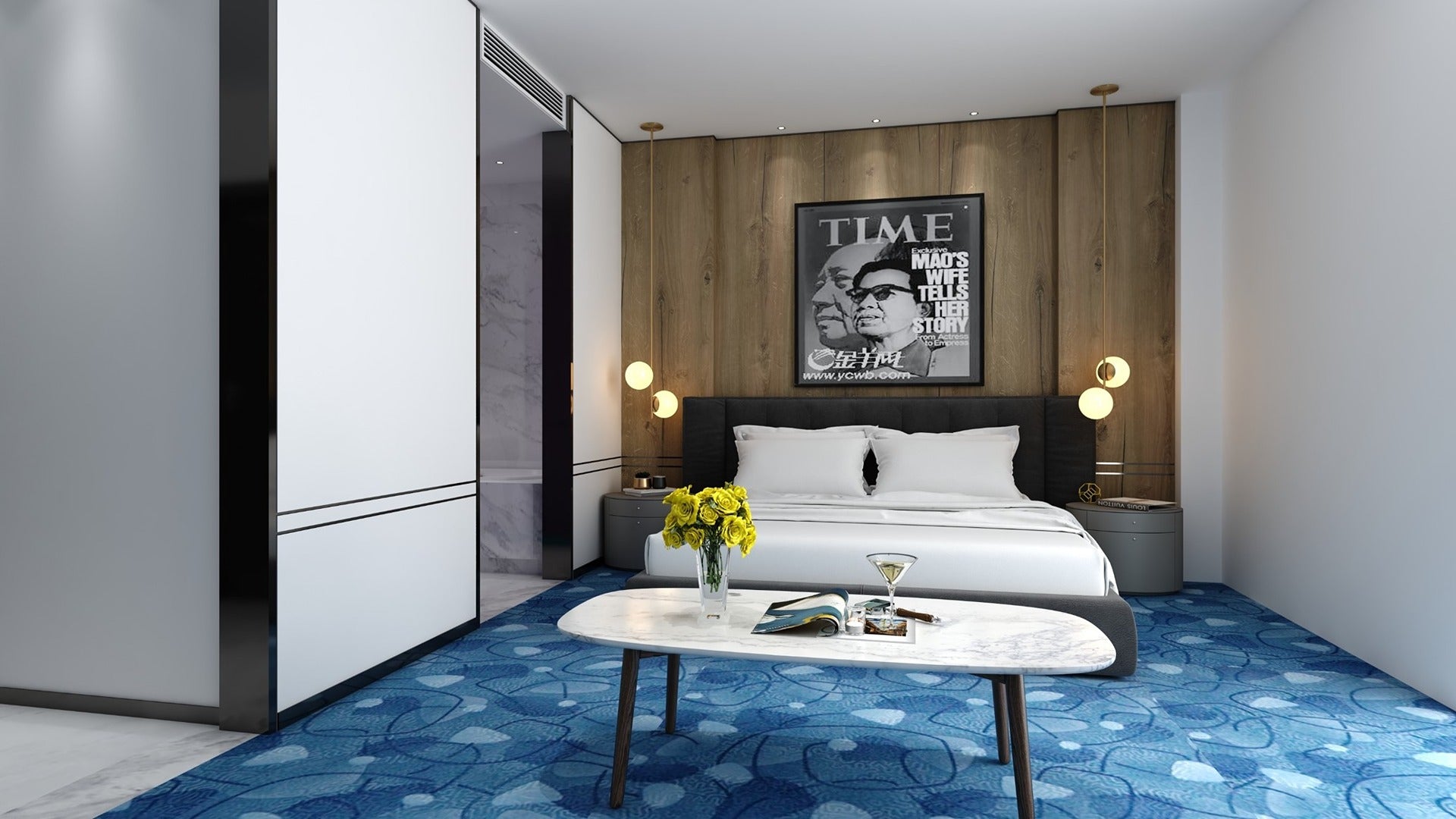 Brown wood laminate wall in modern bedroom with white furniture and blue carpet showcasing wood grain texture and matte