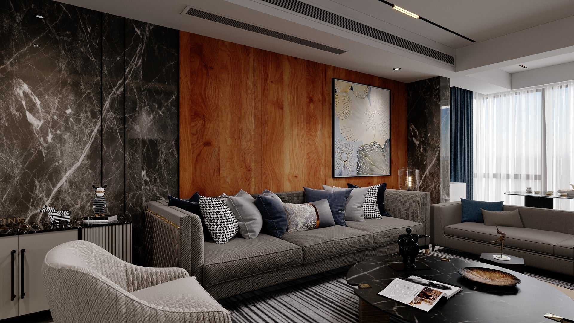 Wood veneer laminate wall with natural grain texture in modern living room interior design setting with marble accents and
