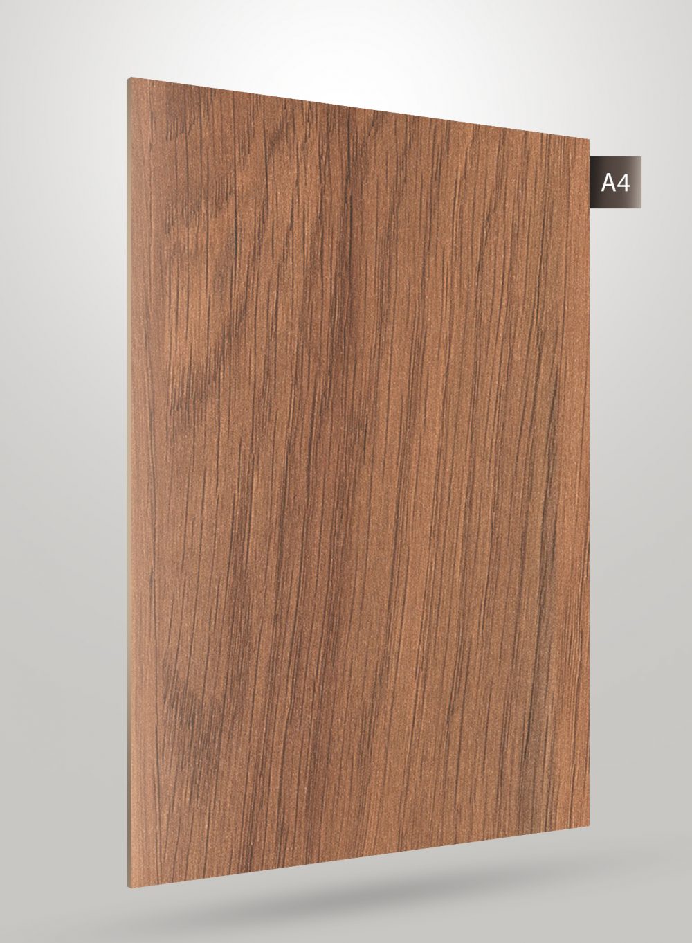 Brown wood grain laminate sheet with matte finish and visible texture, showcasing wood pattern and grain details.
