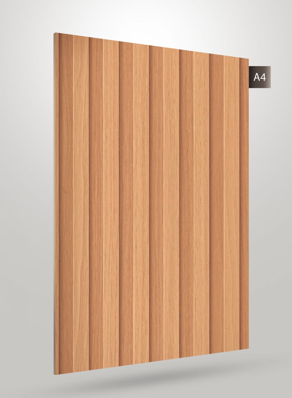 Brown fluted decorative laminate with matte finish and vertical wood grain texture on a light background.