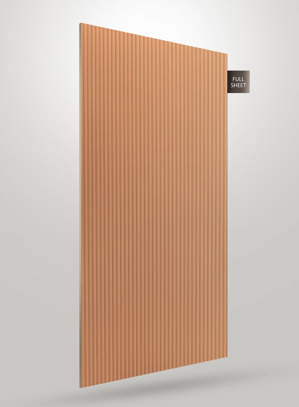Brown fluted laminate sheet with vertical grooves and matte finish displayed at an angle with full sheet label.