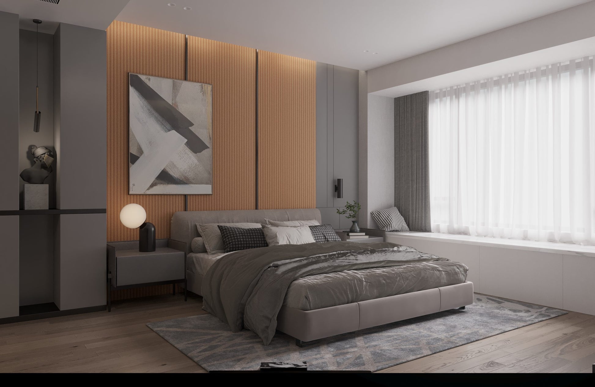 Wooden fluted laminate wall panel in modern bedroom with grey bedding and abstract art on a wooden textured background.