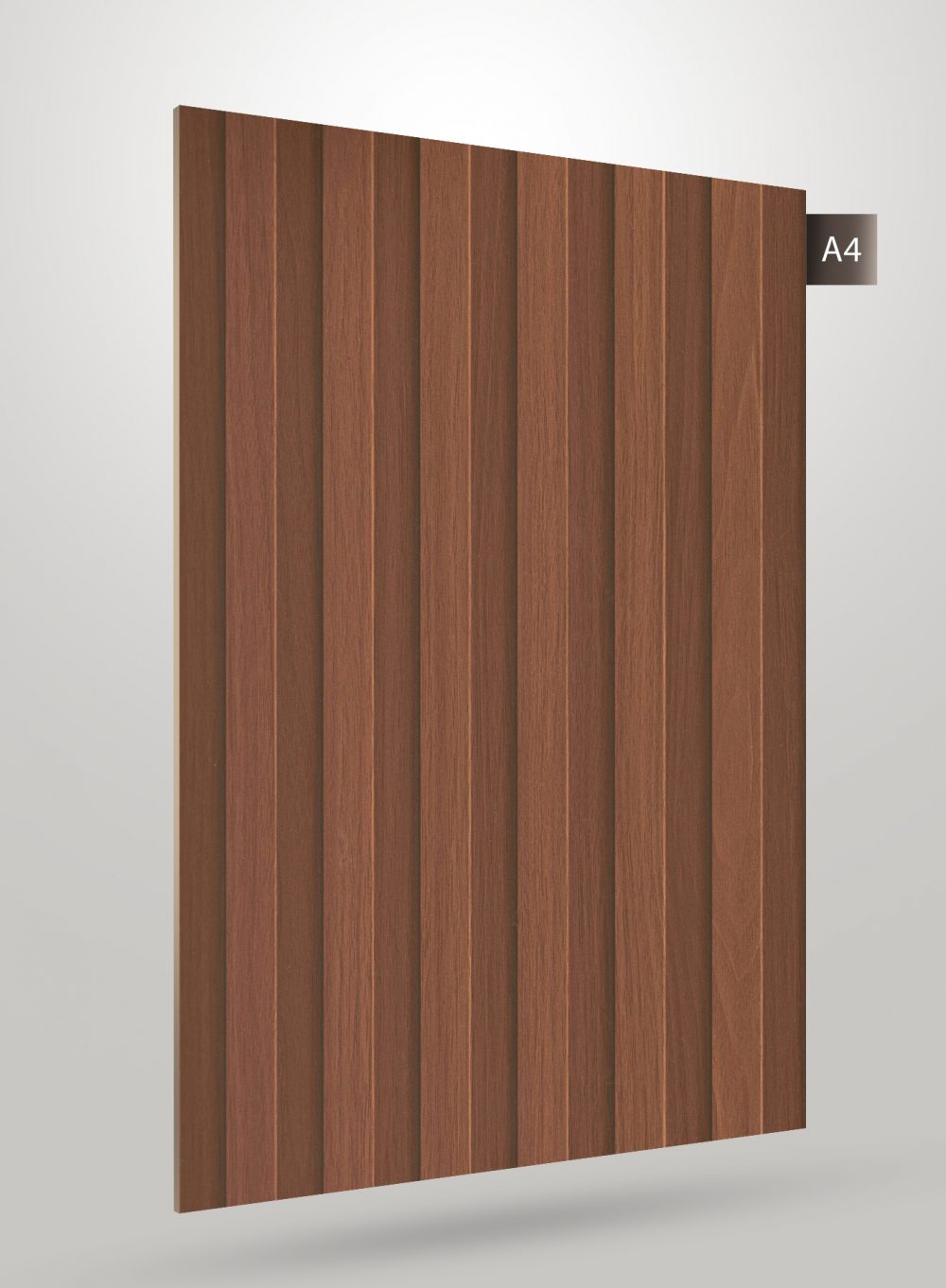 Brown decorative fluted laminate with matte finish and vertical wood grain texture on a rectangular sheet.