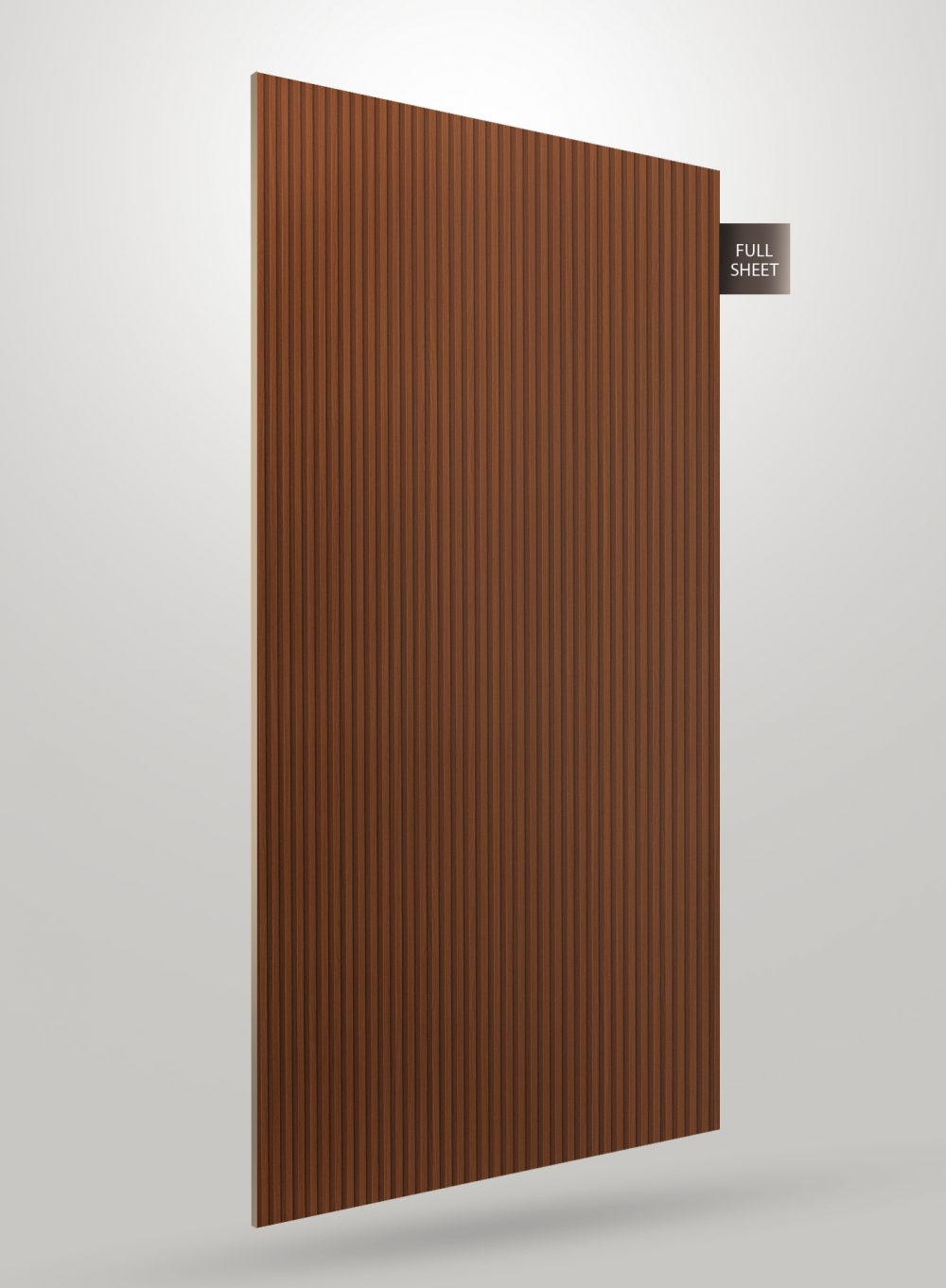 Brown fluted laminate sheet with matte finish and vertical grooves, showcasing full sheet size and texture.