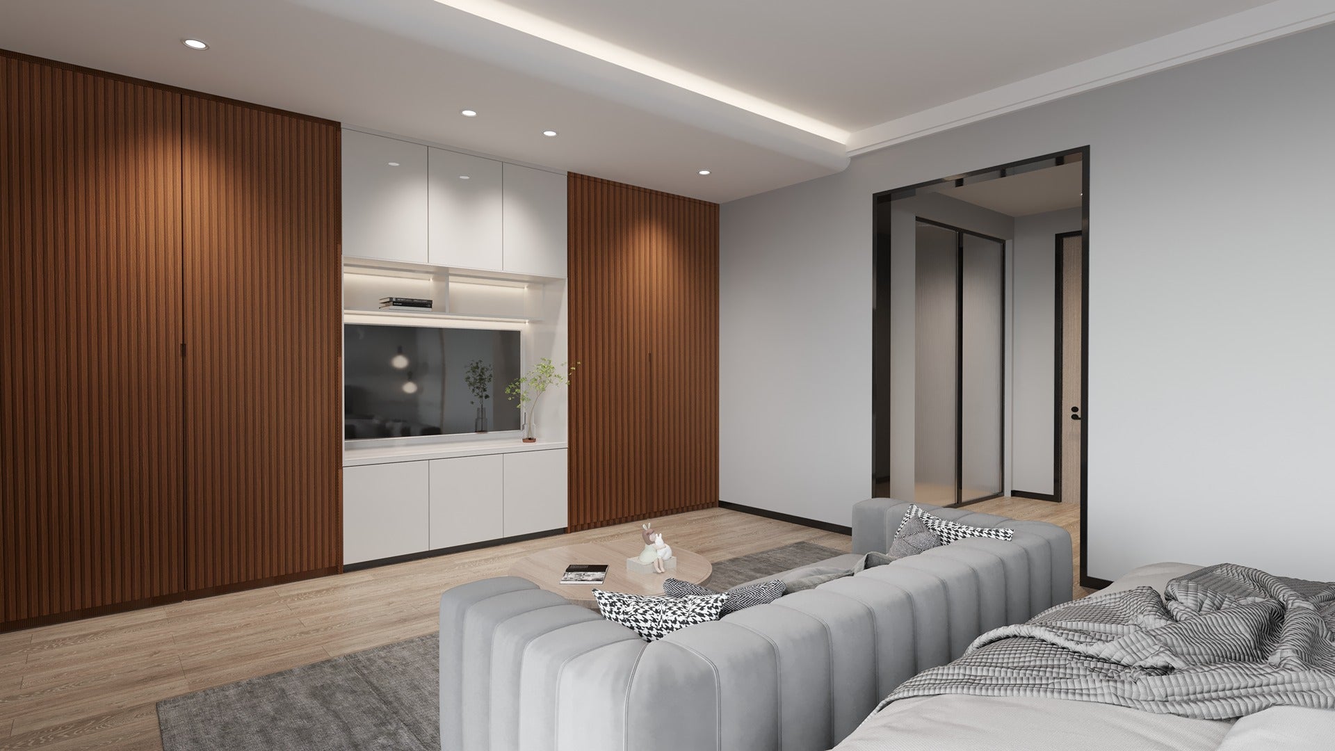 Brown fluted laminate wall panels with matte finish in modern bedroom interior with gray furniture and white cabinets