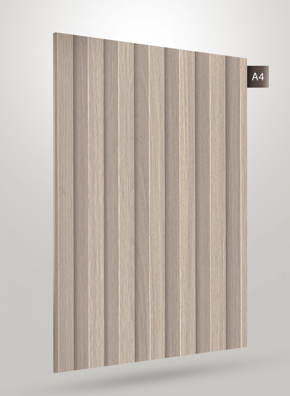 Beige decorative laminate with fluted pattern and matte finish, showing vertical grooves and wood grain texture on its