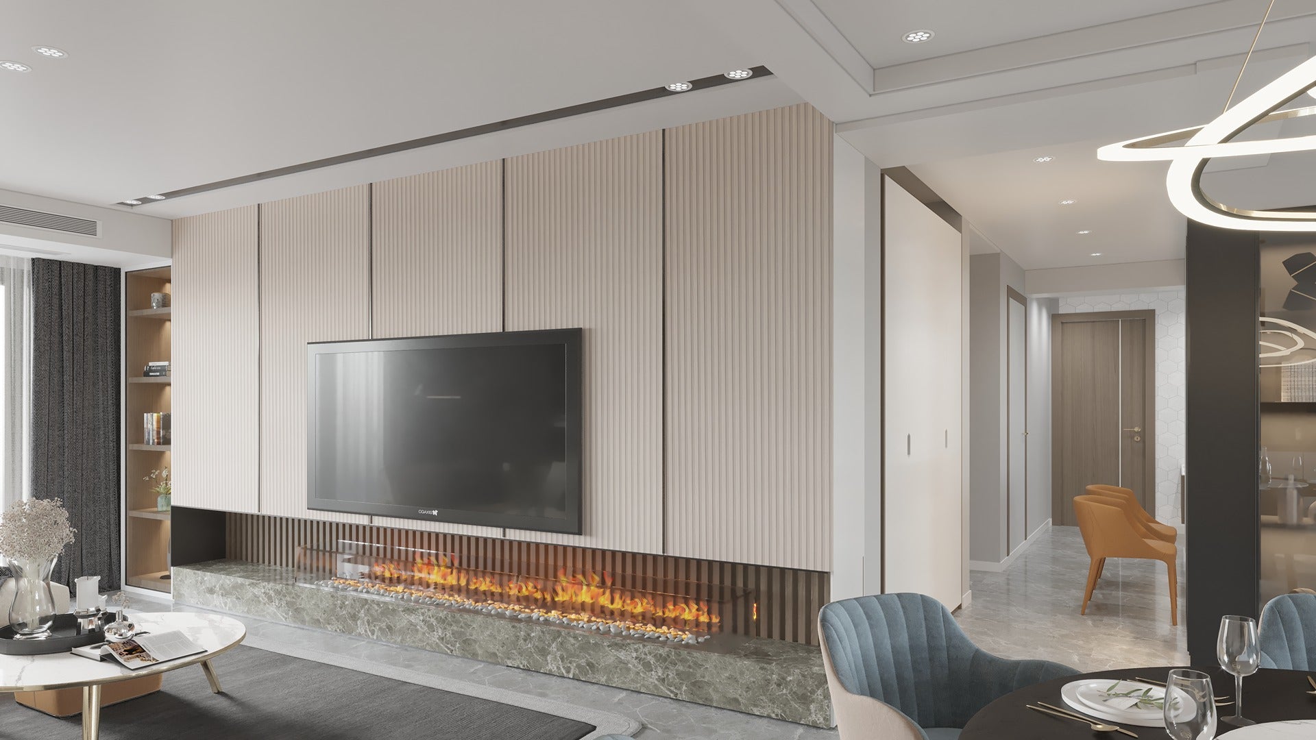 Beige fluted laminate wall panel with matte finish in modern living room with fireplace and sleek furniture.