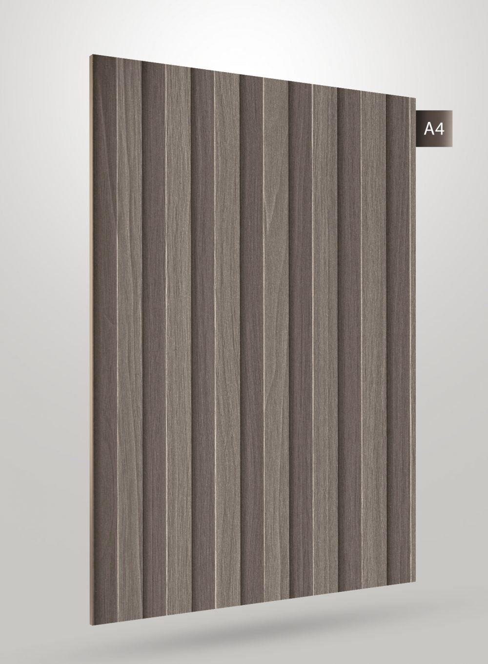 Grey decorative laminate with fluted pattern and matte finish, showing vertical grooves and wood grain texture on its