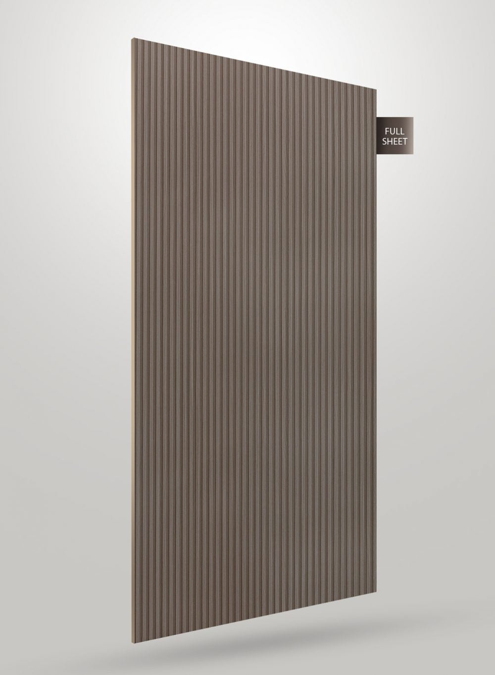 Grey fluted laminate sheet with matte finish and vertical grooves, shown as full sheet with subtle shadow effect.