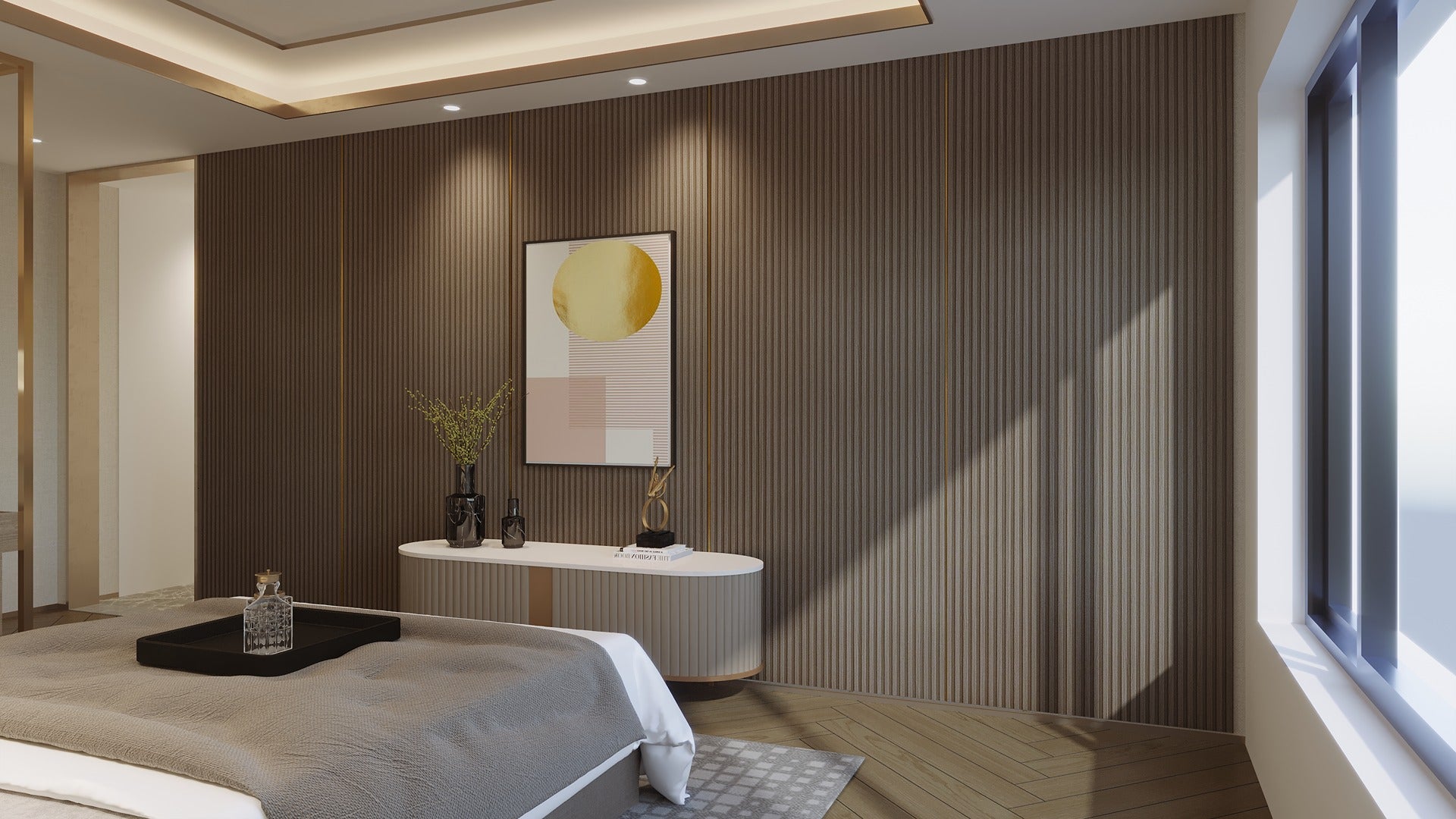 Brown fluted laminate wall in modern bedroom with matte finish and vertical grooves creating textured surface and subtle