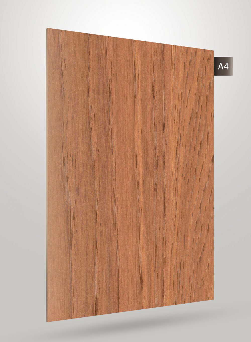 Brown wood grain decorative laminate with matte finish and vertical wood texture pattern on a square sheet.